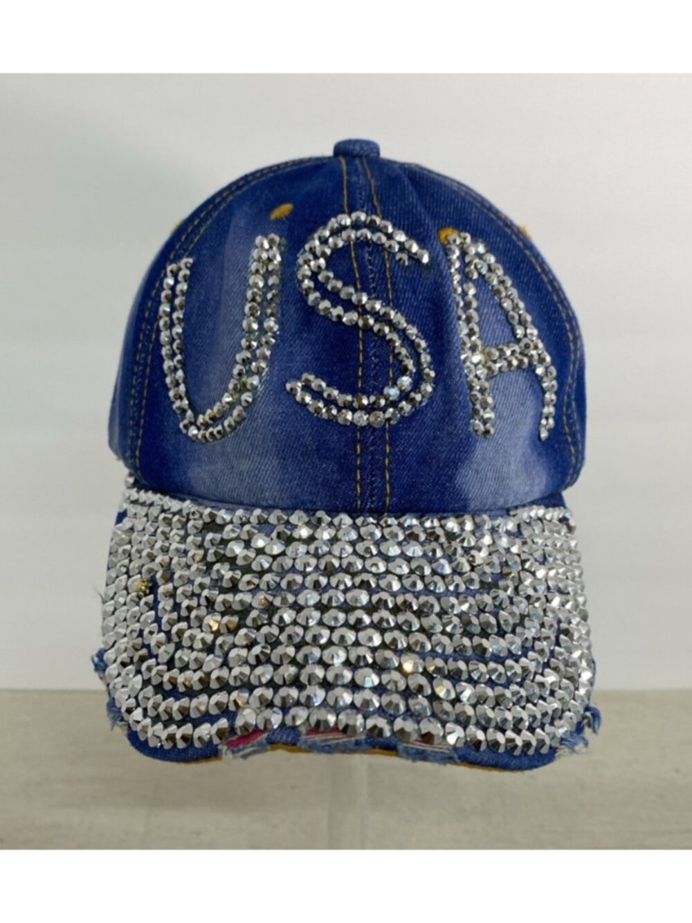 Popfizzy Women’s USA Blue Denim Cap Hat Lots Of Rhinestones Adjustable